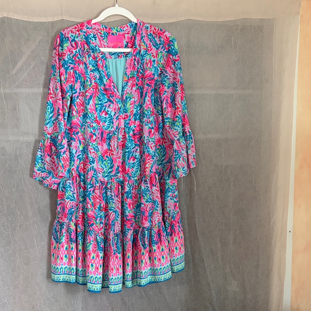 Lilly Pulitzer Pink Teal Blue Floral Tiered Mini Dress